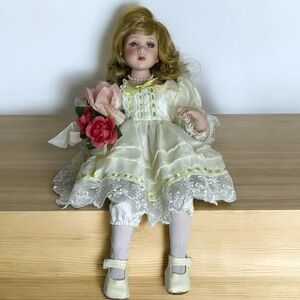 Porcelain Bisque Vintage Doll Sitting Position White Dress Green Collectible 14”
